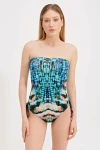 PATTERNED HALTER TIE SWIMSUIT WITH GLASS BEAD DETAIL