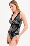 LEAF PATTERNED DOUBLE-BREASTED SWIMSUIT