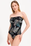 LEAF PATTERNED STRAPLESS SWIMSUIT