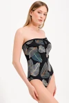 LEAF PATTERNED STRAPLESS SWIMSUIT